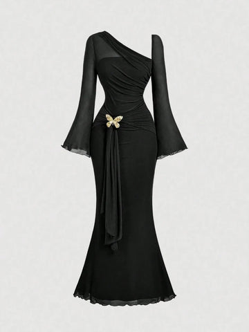 Butterfly Button Pleated Fish Tail Dress
