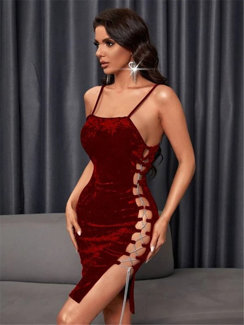 Gold Silk Velvet Tight Side-Tied Dress