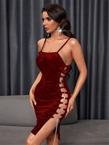 Gold Silk Velvet Tight Side-Tied Dress