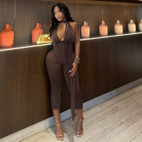 Halter Deep V Neck Jumpsuit