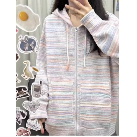 Y2k Aesthetic Japanese Knit Cardigan Kawaii Dog Embroidery Harajuku  Femme Striped Preppy Zipper y Womens