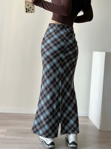 Y2K E-Girls Streetwear Vintage 90s Plaid High Waist Brown Midi Skirts Indie Aesthetics Printing A-Line Long Skirt