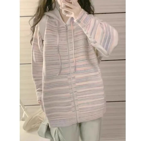Y2k Aesthetic Japanese Knit Cardigan Kawaii Dog Embroidery Harajuku  Femme Striped Preppy Zipper y Womens