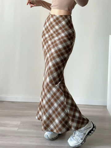 Y2K E-Girls Streetwear Vintage 90s Plaid High Waist Brown Midi Skirts Indie Aesthetics Printing A-Line Long Skirt