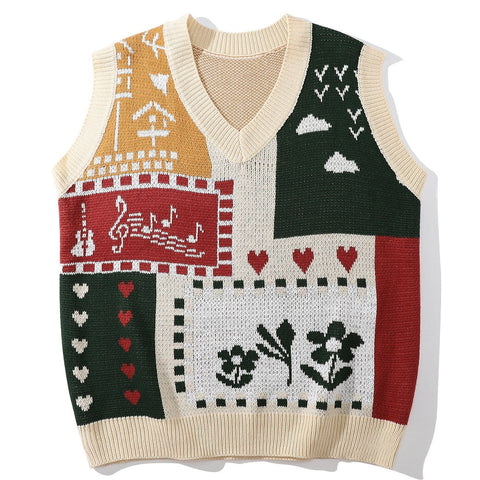 Patchwork Musical Note Flower Knit Vest