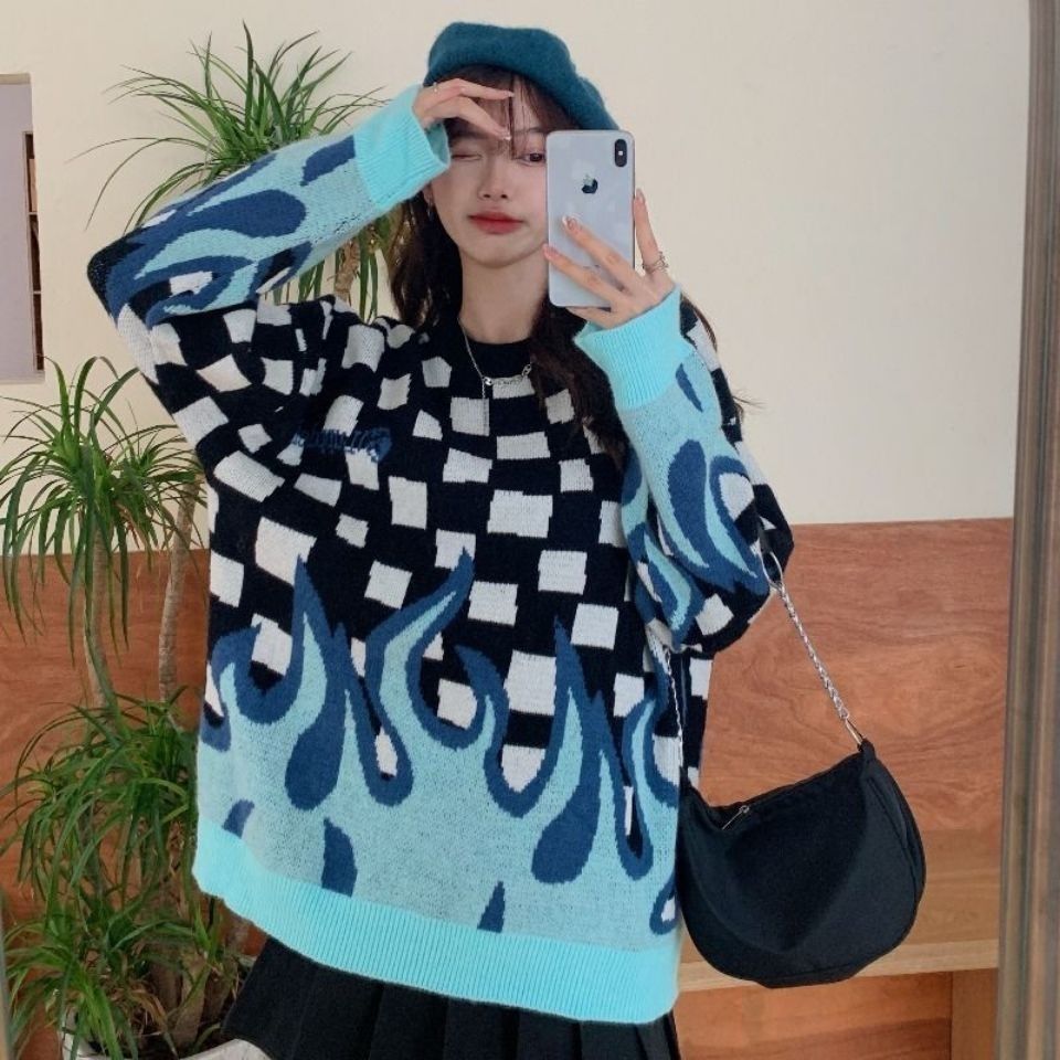 Plaid Sweater with Red and Blue Flames