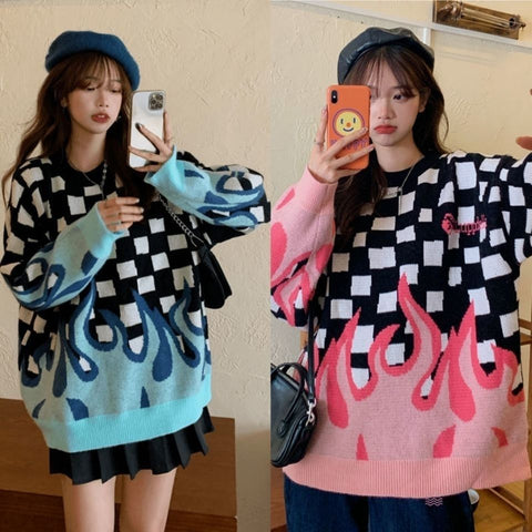 Plaid Sweater with Red and Blue Flames