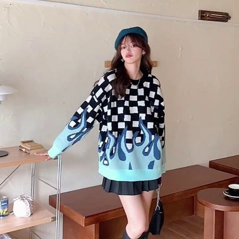 Plaid Sweater with Red and Blue Flames