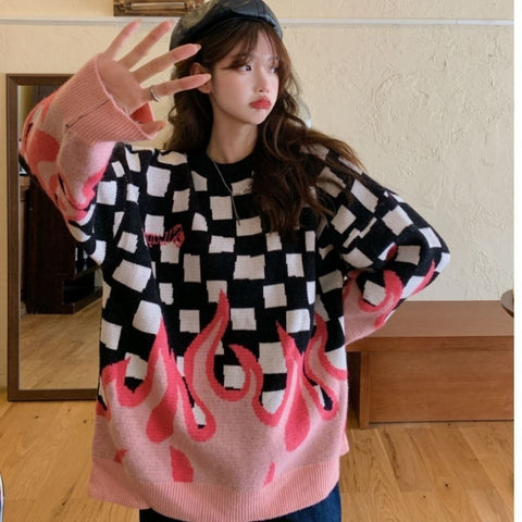 Plaid Sweater with Red and Blue Flames