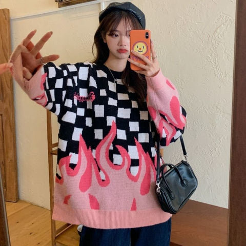 Plaid Sweater with Red and Blue Flames