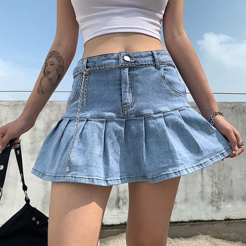 Y2k Pink Denim Pleated Skirts Mini Solid Casual Woman Korean Style High Waist Skirt with Lined Club Party Girls