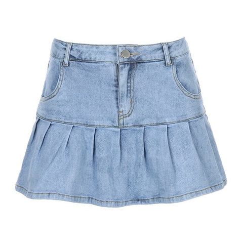 Y2k Pink Denim Pleated Skirts Mini Solid Casual Woman Korean Style High Waist Skirt with Lined Club Party Girls