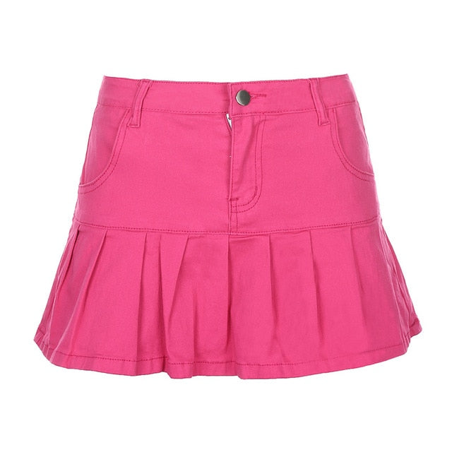 Y2k Pink Denim Pleated Skirts Mini Solid Casual Woman Korean Style High Waist Skirt with Lined Club Party Girls