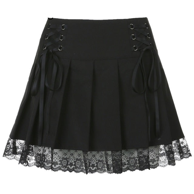 Harajuku Gothic Dark Academia Lace Trim Pleated Skirt Vintage Y2K Tie Up High Waist Skirt Mini Woman Goth Skirts 90s