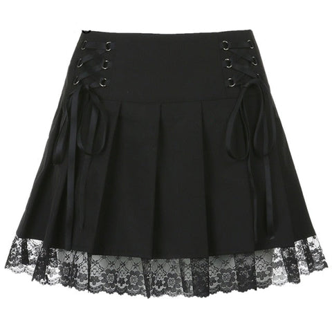 Harajuku Gothic Dark Academia Lace Trim Pleated Skirt Vintage Y2K Tie Up High Waist Skirt Mini Woman Goth Skirts 90s