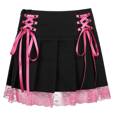 Harajuku Gothic Dark Academia Lace Trim Pleated Skirt Vintage Y2K Tie Up High Waist Skirt Mini Woman Goth Skirts 90s