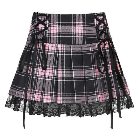 Harajuku Gothic Dark Academia Lace Trim Pleated Skirt Vintage Y2K Tie Up High Waist Skirt Mini Woman Goth Skirts 90s