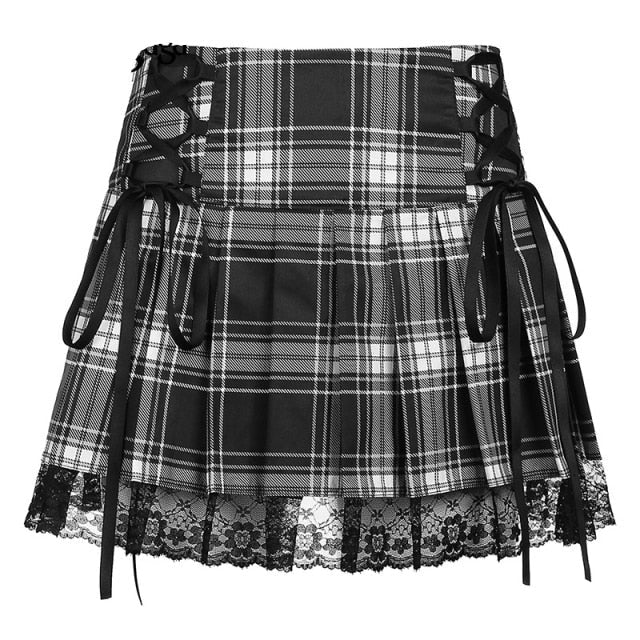 Harajuku Gothic Dark Academia Lace Trim Pleated Skirt Vintage Y2K Tie Up High Waist Skirt Mini Woman Goth Skirts 90s