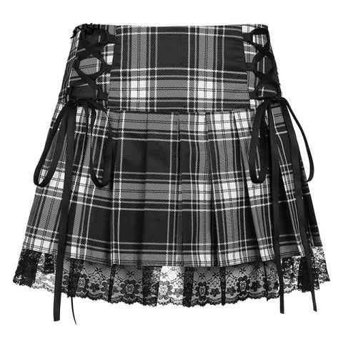 Harajuku Gothic Dark Academia Lace Trim Pleated Skirt Vintage Y2K Tie Up High Waist Skirt Mini Woman Goth Skirts 90s