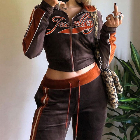 Voguable Y2k Two Piece Set Streetwear Casual Sports Letter Embroidery Long Sleeve jacket Pants Tracksuit