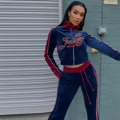 Voguable Y2k Two Piece Set Streetwear Casual Sports Letter Embroidery Long Sleeve jacket Pants Tracksuit