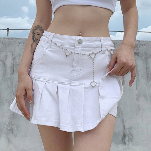Y2k Pink Denim Pleated Skirts Mini Solid Casual Woman Korean Style High Waist Skirt with Lined Club Party Girls