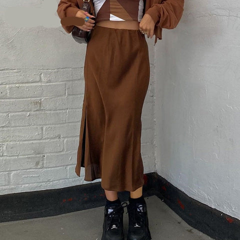 Vintage Split Long Skirt Cyber y2k Straight Satin High Waist Skirts Outfits  Casual Aesthetic Iamhotty