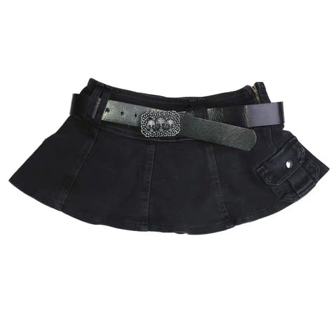Voguable Harajuku Y2k Denim Skirt Dark Gothic Streetwear Mini Skirt with Skull Belt Mall Goth Punk Grunge Emo Clubwear