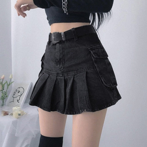 Voguable Harajuku Y2k Denim Skirt Dark Gothic Streetwear Mini Skirt with Skull Belt Mall Goth Punk Grunge Emo Clubwear