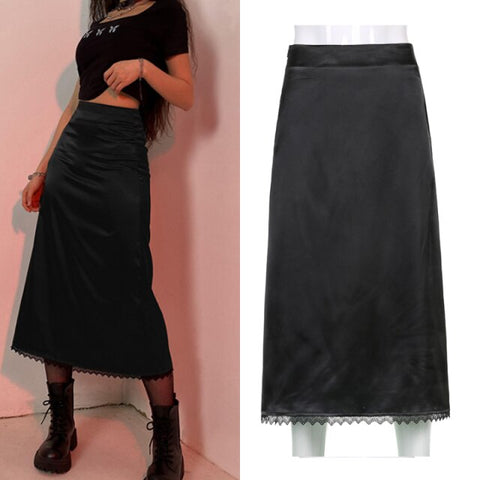 Vintage Split Long Skirt Cyber y2k Straight Satin High Waist Skirts Outfits  Casual Aesthetic Iamhotty