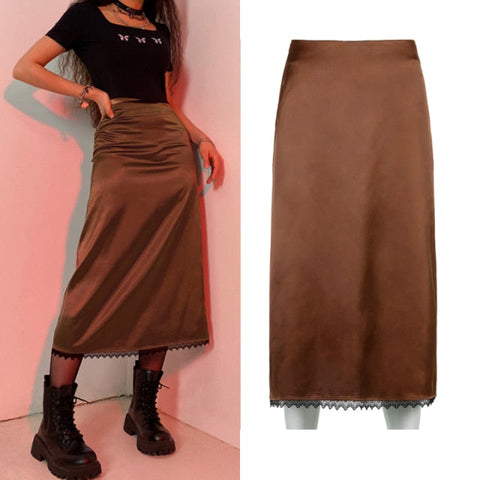 Vintage Split Long Skirt Cyber y2k Straight Satin High Waist Skirts Outfits  Casual Aesthetic Iamhotty