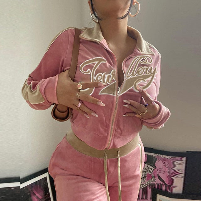 Voguable Y2k Two Piece Set Streetwear Casual Sports Letter Embroidery Long Sleeve jacket Pants Tracksuit