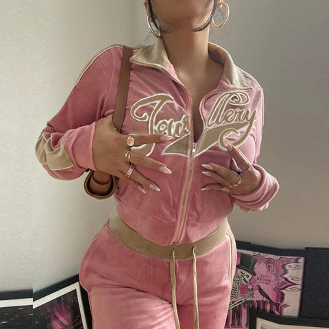 Voguable Y2k Two Piece Set Streetwear Casual Sports Letter Embroidery Long Sleeve jacket Pants Tracksuit
