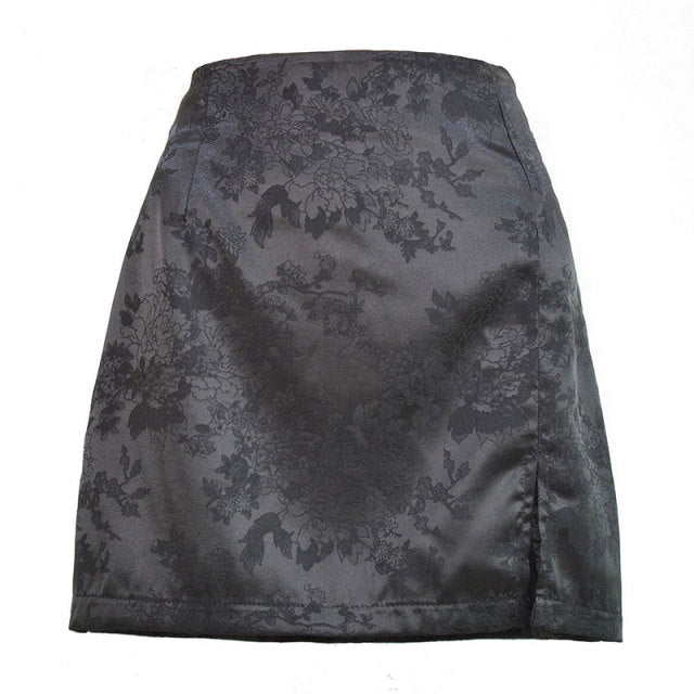 Elegant Jacquard Satin Skirt High Waist Mini Skirt Vintage Zipper Pencil skirt with side Slit Y2K 2000s 90s