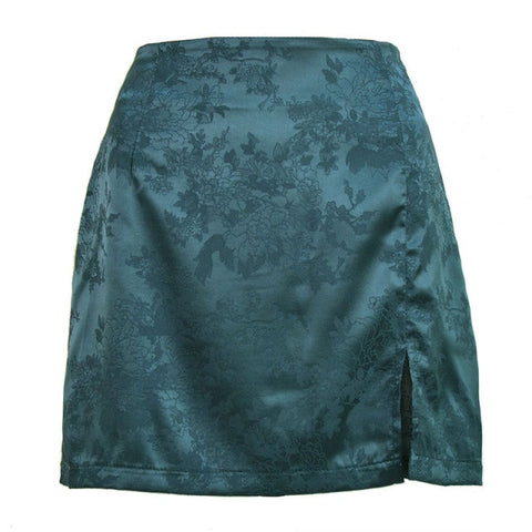 Elegant Jacquard Satin Skirt High Waist Mini Skirt Vintage Zipper Pencil skirt with side Slit Y2K 2000s 90s