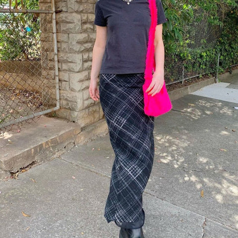Voguable Plaid Skirt Y2k Retro Straight Skirts Double Layer Mesh E Girl 2000s Harajuku Aesthetic High Waist Skinny Streetwear Skirt