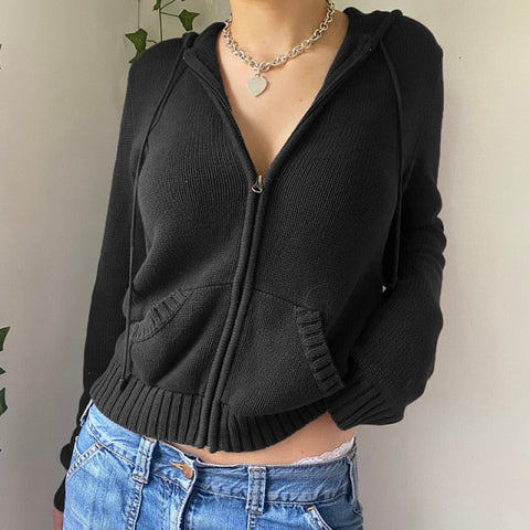 Voguable Vintage Brown Solid Hooded Y2K Sweaters Winter Lantern Sleeve Zip Up Jacket Cardigan Knitted Hoodies