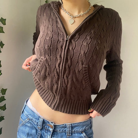 Voguable Vintage Brown Solid Hooded Y2K Sweaters Winter Lantern Sleeve Zip Up Jacket Cardigan Knitted Hoodies