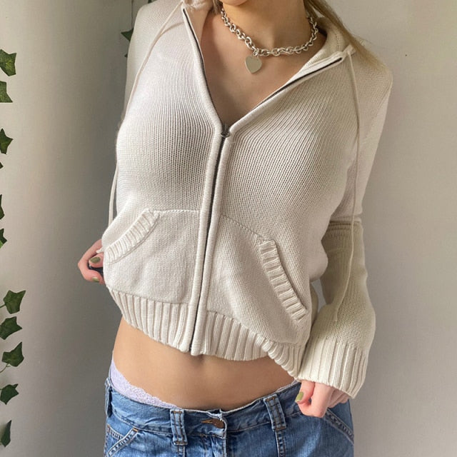 Voguable Vintage Brown Solid Hooded Y2K Sweaters Winter Lantern Sleeve Zip Up Jacket Cardigan Knitted Hoodies