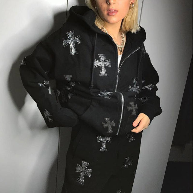 Voguable Hip Hop Sweatshirt Rhinestone Graphics Men&#39;s Oversized Hoodies Joggers Y2K Aesthetic Zip Up Punk Sport Jacket Streetwear