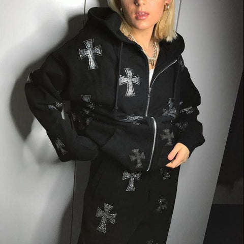 Voguable Hip Hop Sweatshirt Rhinestone Graphics Men&#39;s Oversized Hoodies Joggers Y2K Aesthetic Zip Up Punk Sport Jacket Streetwear