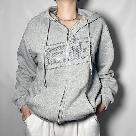 Voguable Hip Hop Sweatshirt Rhinestone Graphics Men&#39;s Oversized Hoodies Joggers Y2K Aesthetic Zip Up Punk Sport Jacket Streetwear