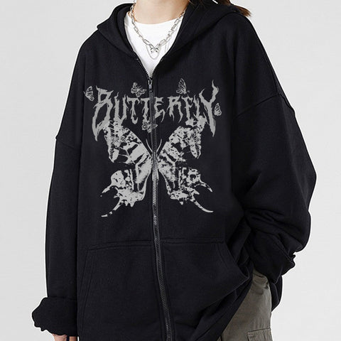 Voguable  Y2K Retro Dark Gray Butterfly Zipper Hooded Sweatshirt 90s Harajuku Punk Gothic Zip Up Hoodie Long-sleeved Loose Jacket