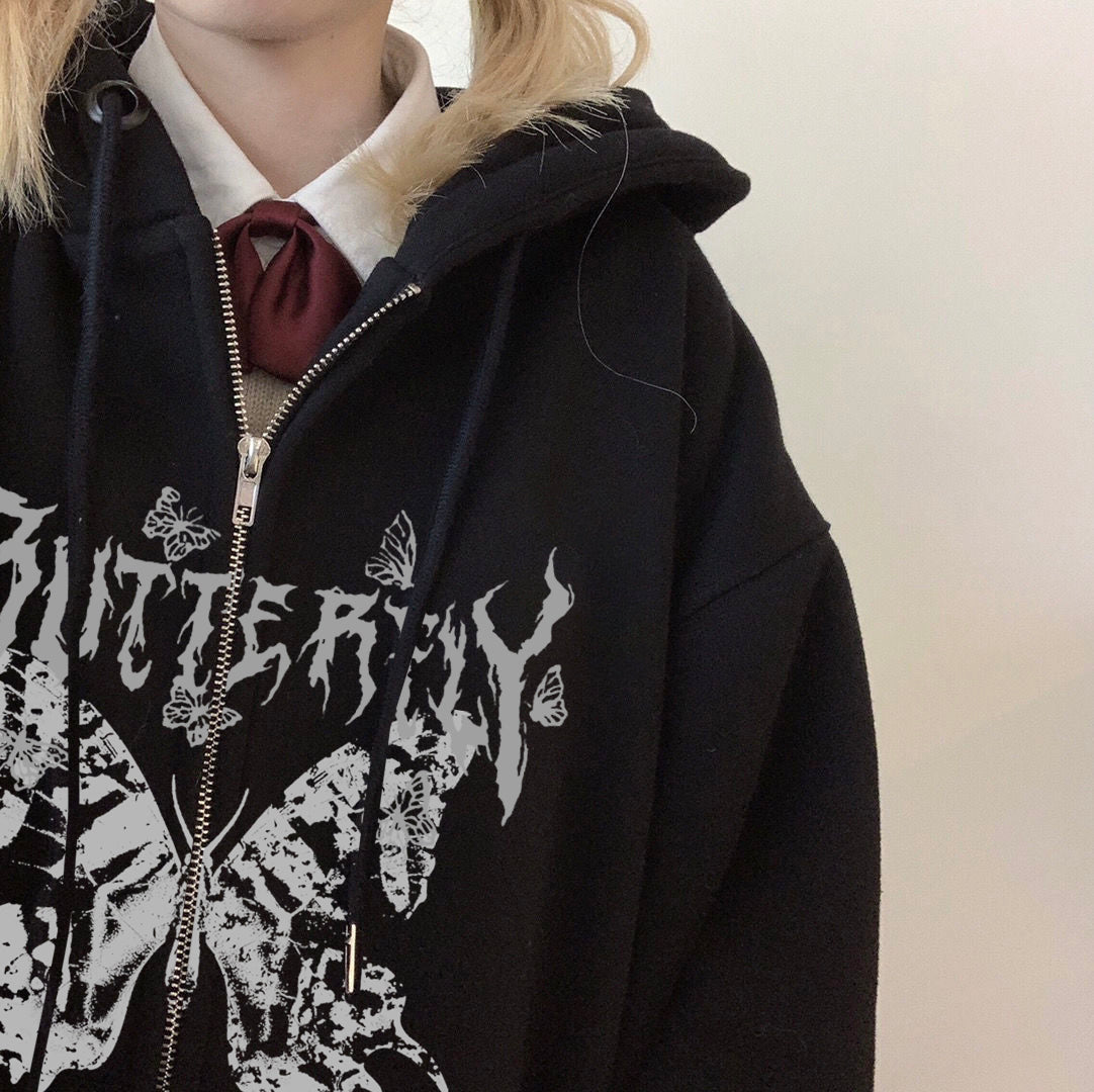 Voguable  Y2K Retro Dark Gray Butterfly Zipper Hooded Sweatshirt 90s Harajuku Punk Gothic Zip Up Hoodie Long-sleeved Loose Jacket