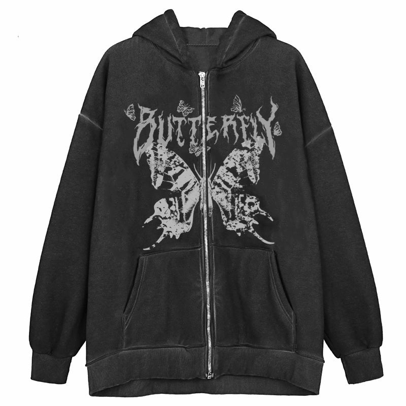 Voguable  Y2K Retro Dark Gray Butterfly Zipper Hooded Sweatshirt 90s Harajuku Punk Gothic Zip Up Hoodie Long-sleeved Loose Jacket