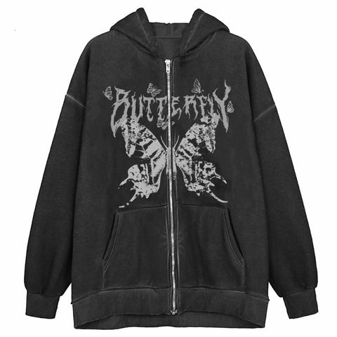 Voguable  Y2K Retro Dark Gray Butterfly Zipper Hooded Sweatshirt 90s Harajuku Punk Gothic Zip Up Hoodie Long-sleeved Loose Jacket