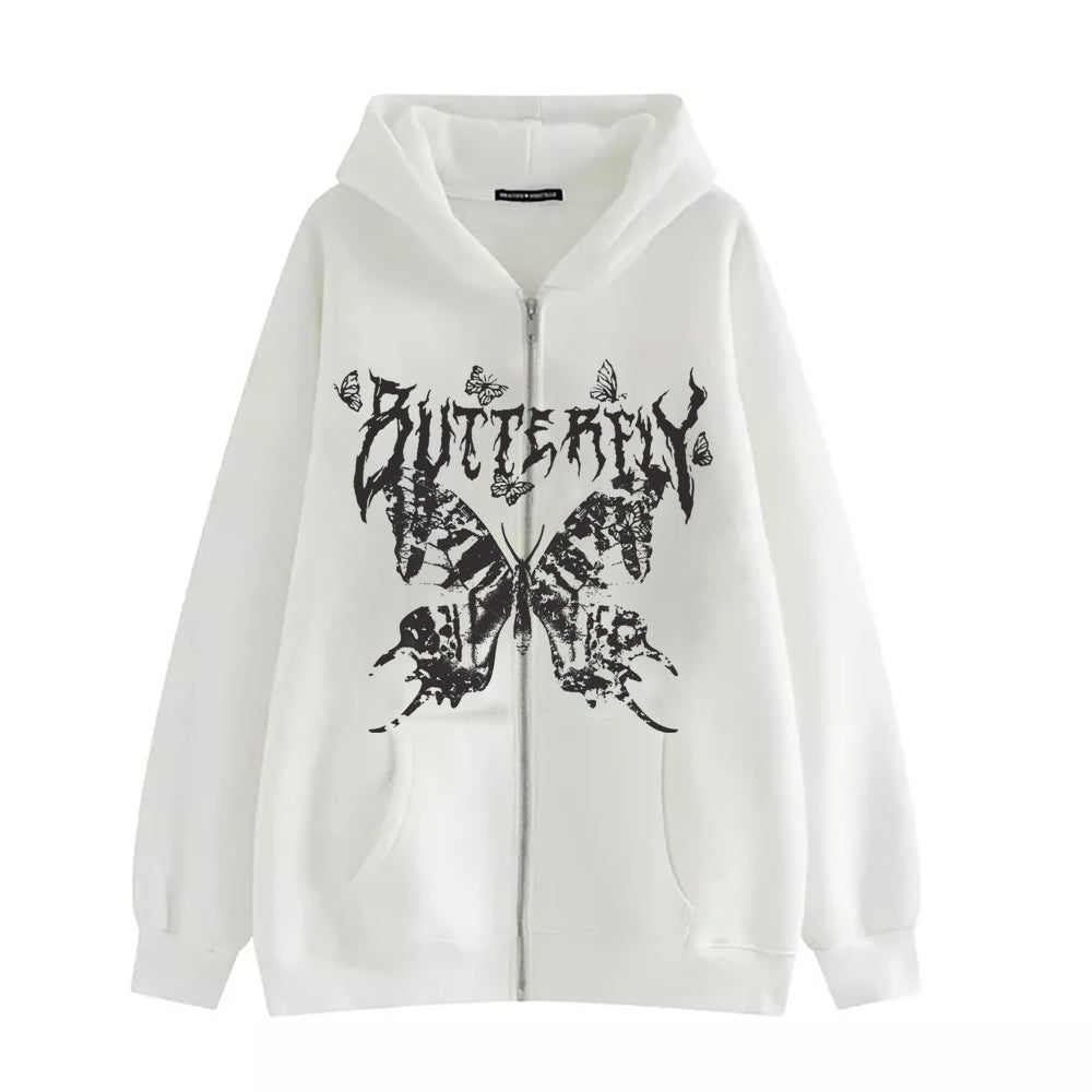 Voguable  Y2K Retro Dark Gray Butterfly Zipper Hooded Sweatshirt 90s Harajuku Punk Gothic Zip Up Hoodie Long-sleeved Loose Jacket