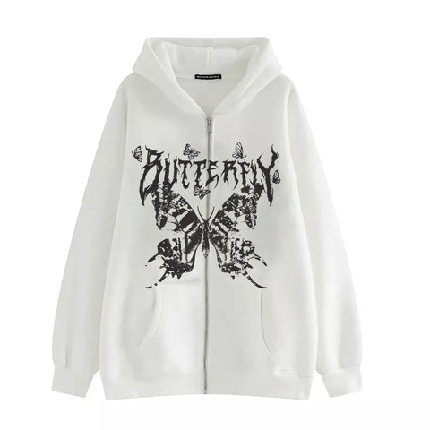 Voguable  Y2K Retro Dark Gray Butterfly Zipper Hooded Sweatshirt 90s Harajuku Punk Gothic Zip Up Hoodie Long-sleeved Loose Jacket