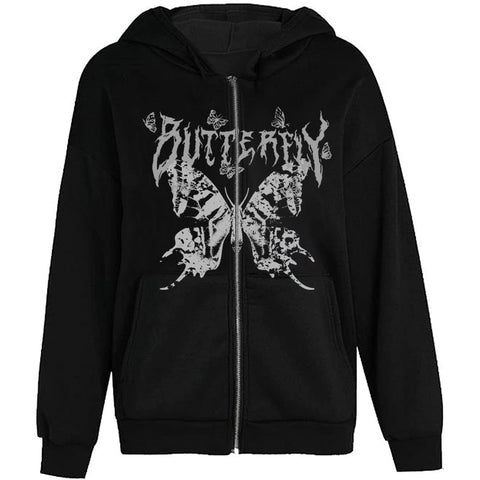 Voguable  Y2K Retro Dark Gray Butterfly Zipper Hooded Sweatshirt 90s Harajuku Punk Gothic Zip Up Hoodie Long-sleeved Loose Jacket