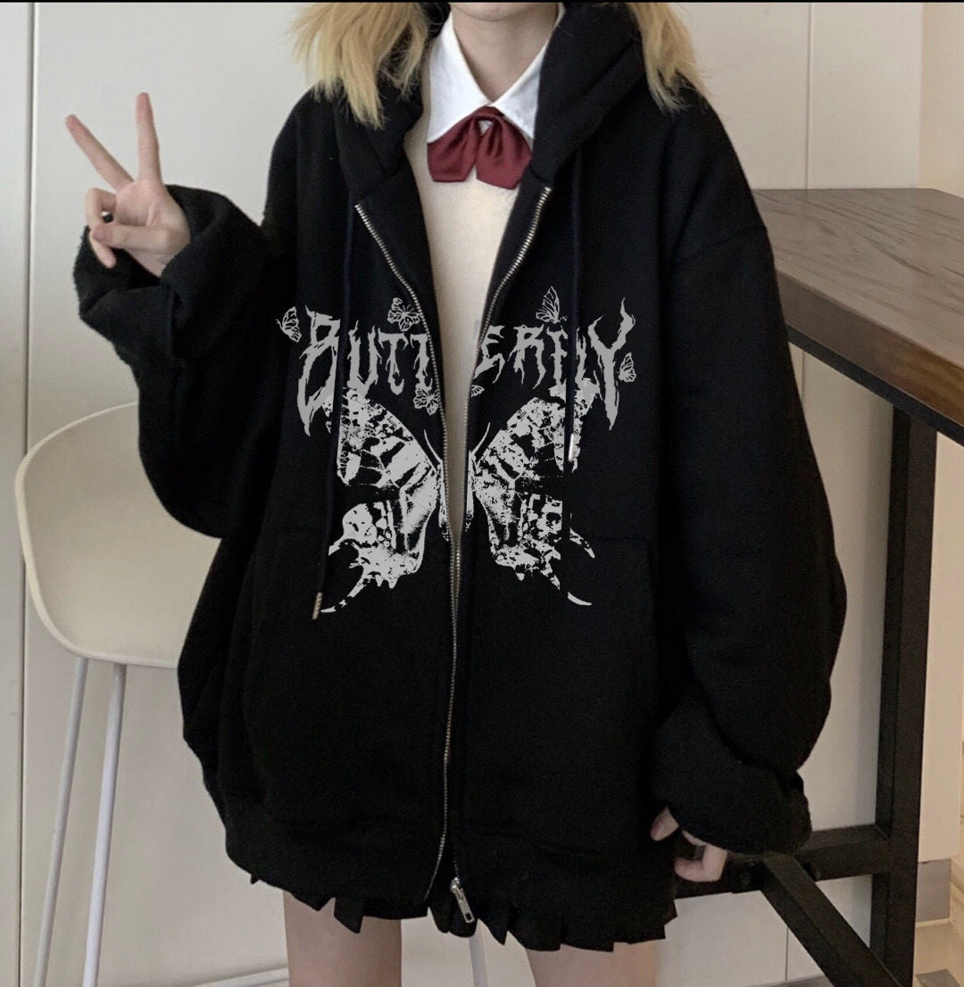 Voguable  Y2K Retro Dark Gray Butterfly Zipper Hooded Sweatshirt 90s Harajuku Punk Gothic Zip Up Hoodie Long-sleeved Loose Jacket